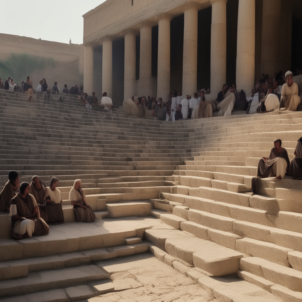 the stone steps are filled with people seated in rows, dressed in authentic Roman attire from the era. The scene maintains the architectural details and ambiance of the original image. the stone steps are filled with people seated in rows, dressed in authentic Roman attire from the era. Sunlight casts long shadows across the scene.