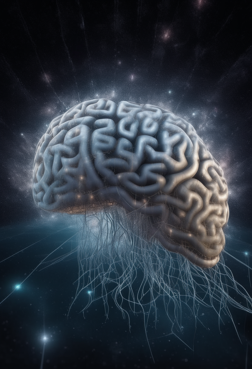 An intricate (((human brain))) suspended in a ((vacuum of space)), its delicate structures and functions laid bare against a backdrop of ethereal stars