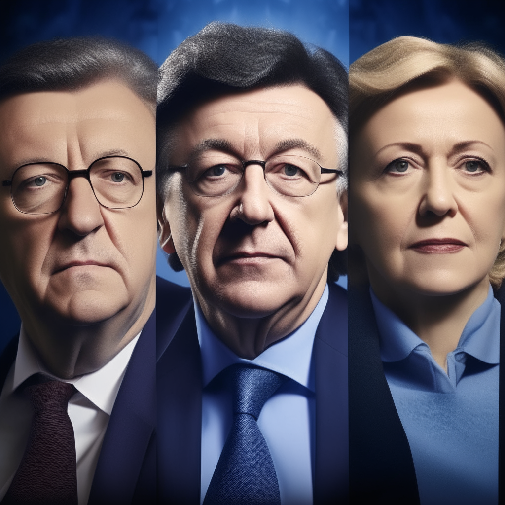 Affiche avec les portraits de Manuel Barroso, Thierry Breton et Ursula von der Leyen fondus de manière plus réaliste avec un flou progressif