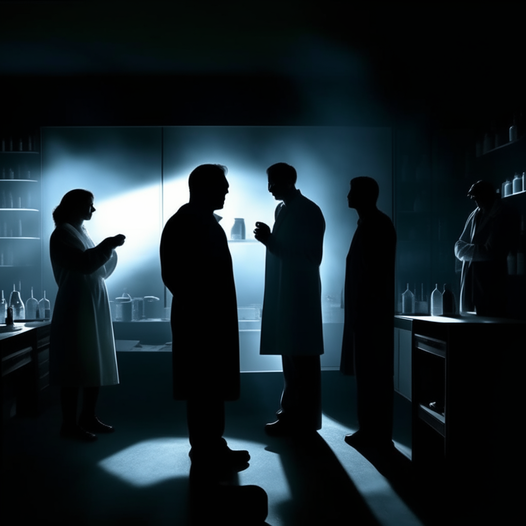 scientists opening a chamber with shadowy figures inside