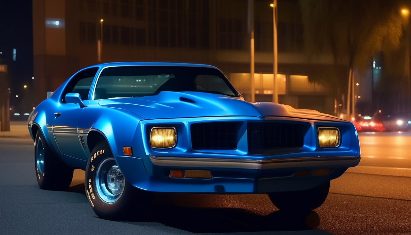 Front portrait of a blue 1979 Pontiac Firebird trans am parked on a city street at night, with the neon lights of downtown Los Angeles glowing in the background.