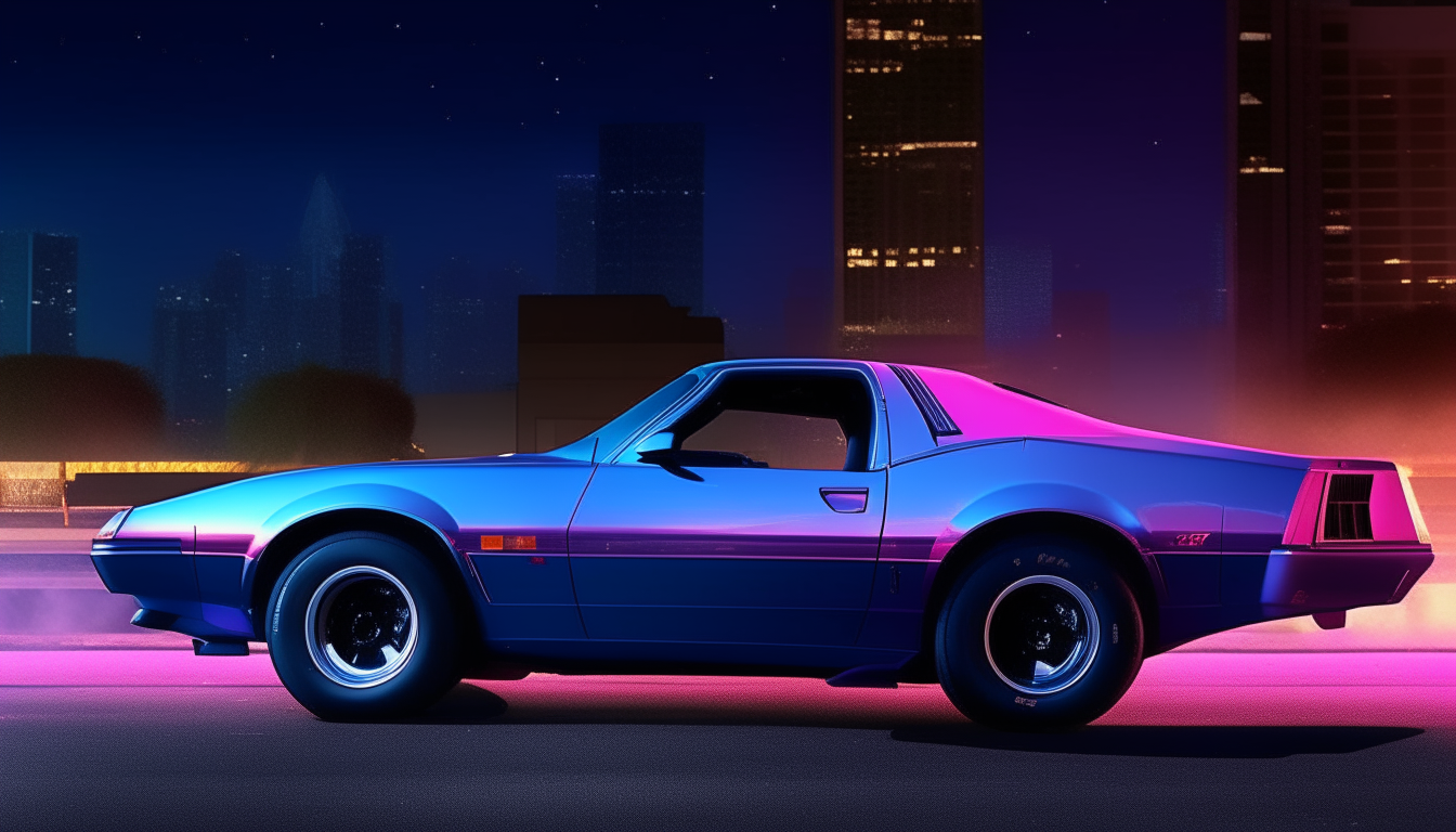 Side view of a blue 1979 Pontiac Firebird trans am parked on a city street at night, with the skyline of downtown Los Angeles silhouetted against a purple and pink neon glow.