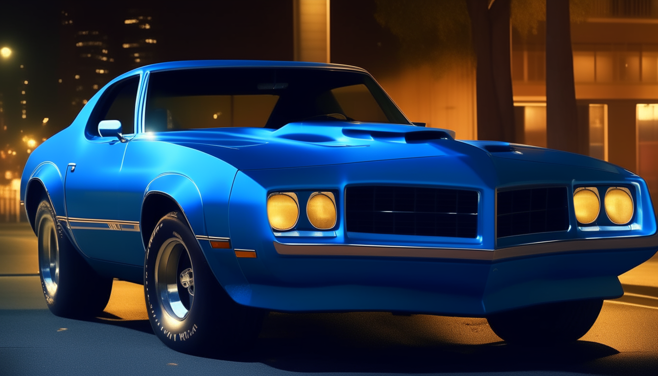 Front portrait of a blue 1979 Pontiac Firebird trans am parked on a city street at night, with the neon lights of downtown Los Angeles glowing in the background.