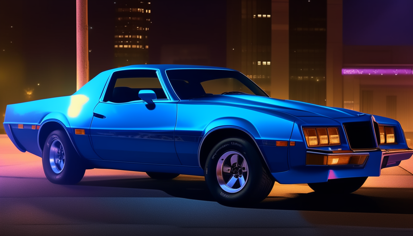 Side view of a blue 1979 Pontiac Firebird trans am parked on a city street at night, with the skyline of downtown Los Angeles silhouetted against a purple and pink neon glow.
