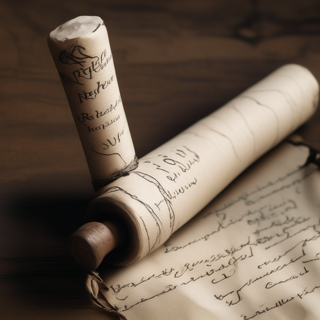 An aged scroll bearing the text 'RE POST' wrapped around a wooden spindle, illustrated in ink