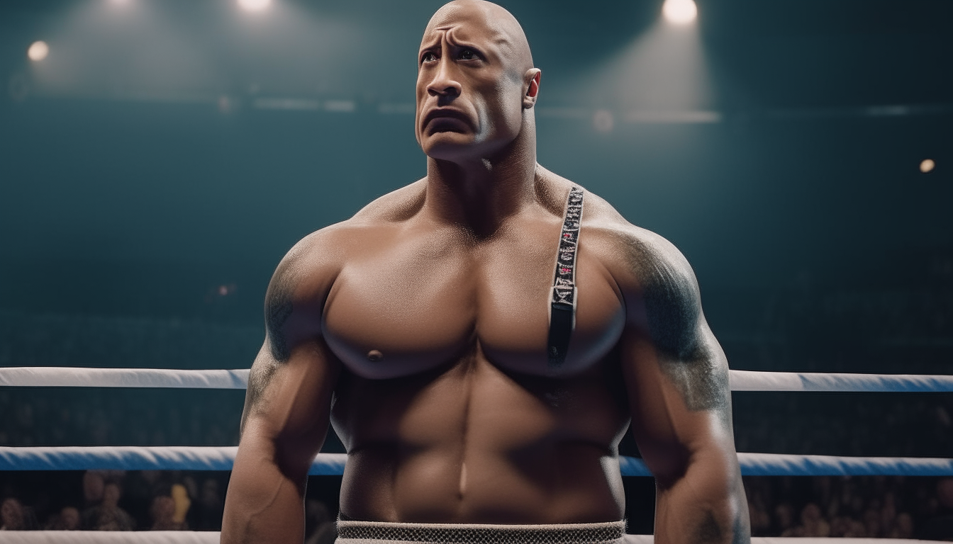 The Rock wearing wrestling gear, standing in the middle of a wrestling ring, shot from the left side with a 16:9 aspect ratio