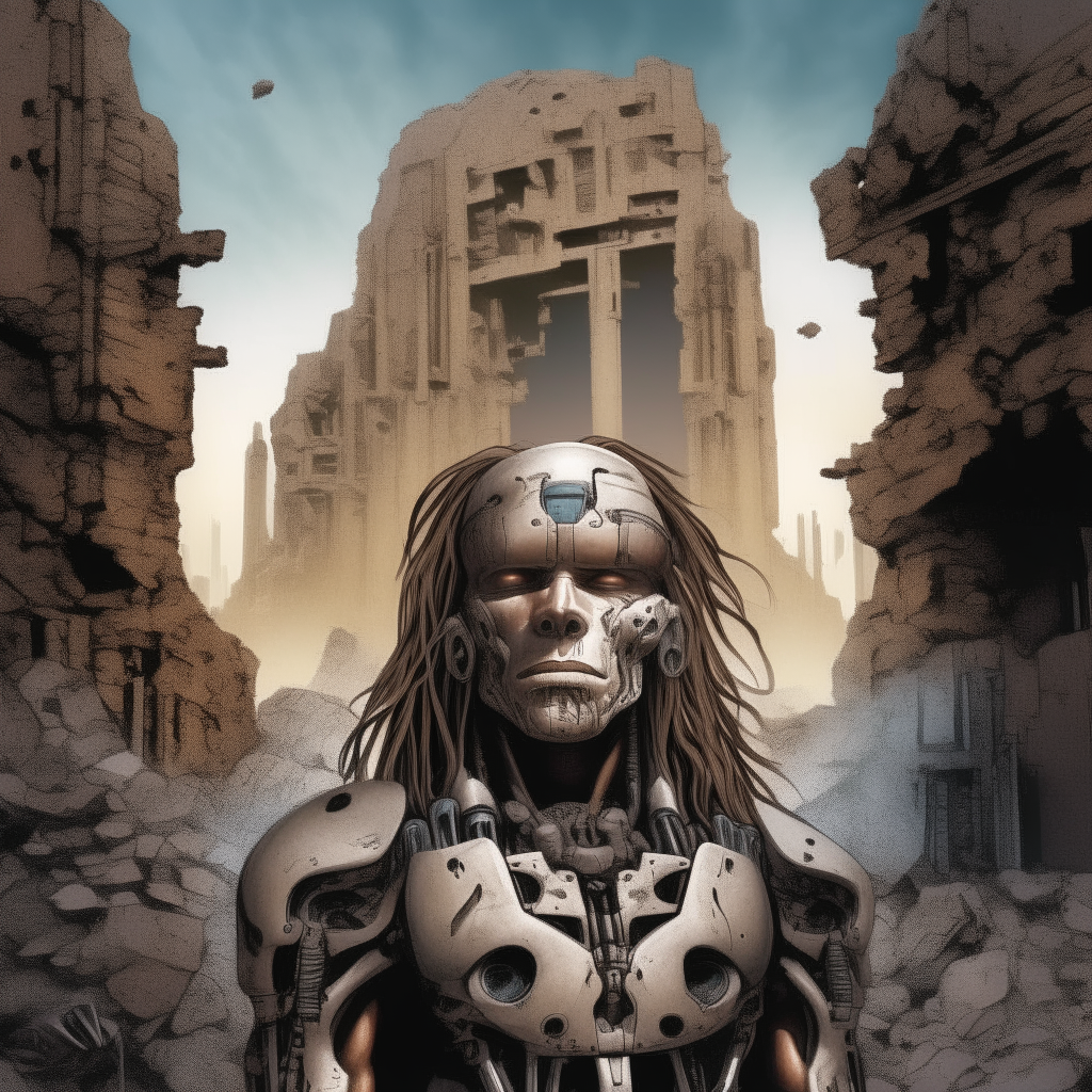 A futuristic cyborg standing amidst the ruins of civilization, their face partially recognizable as the original caveman on the 'POST' album cover