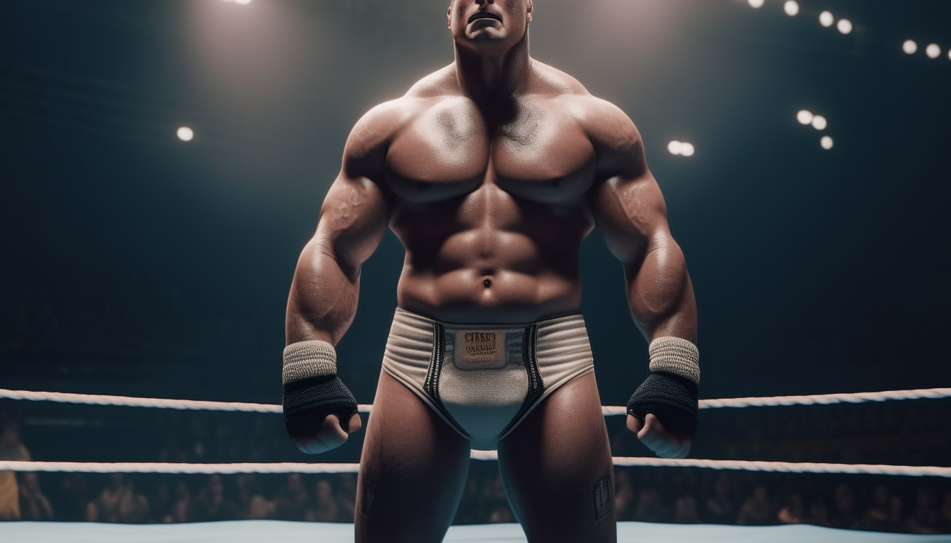The Rock wearing wrestling gear, standing in the middle of a wrestling ring, shot from the front showing his full body and face, 16:9 aspect ratio