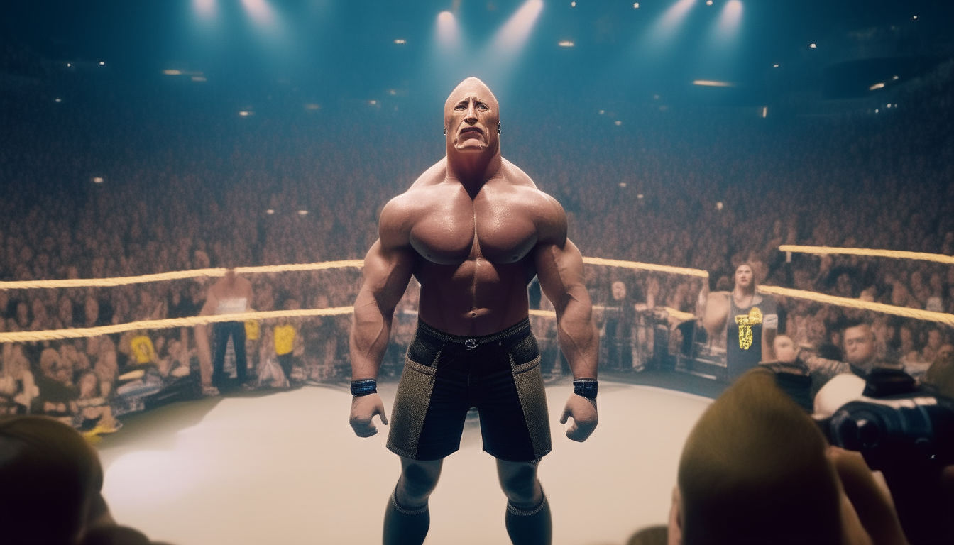 The Rock wearing wrestling gear, standing in the middle of a crowded wrestlemania arena, shot from the front showing his full body from head to toe, 16:9 aspect ratio