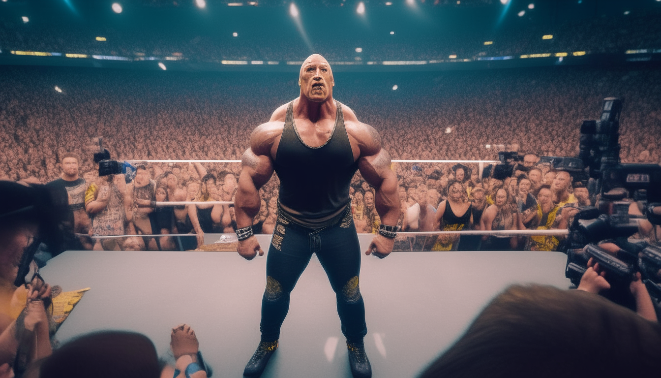 The Rock wearing wrestling gear and sneakers, standing in the middle of a crowded wrestlemania arena, shot from the front showing his full body from head to toe including shoes, 16:9 aspect ratio