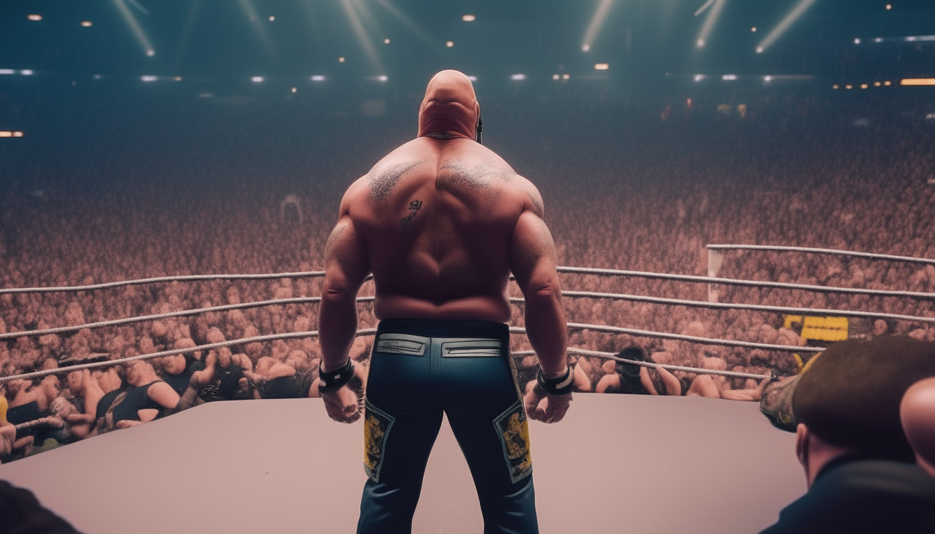 The Rock wearing wrestling gear and sneakers, standing in the middle of a crowded wrestlemania arena, shot from the back showing his full body from head to toe including shoes, 16:9 aspect ratio