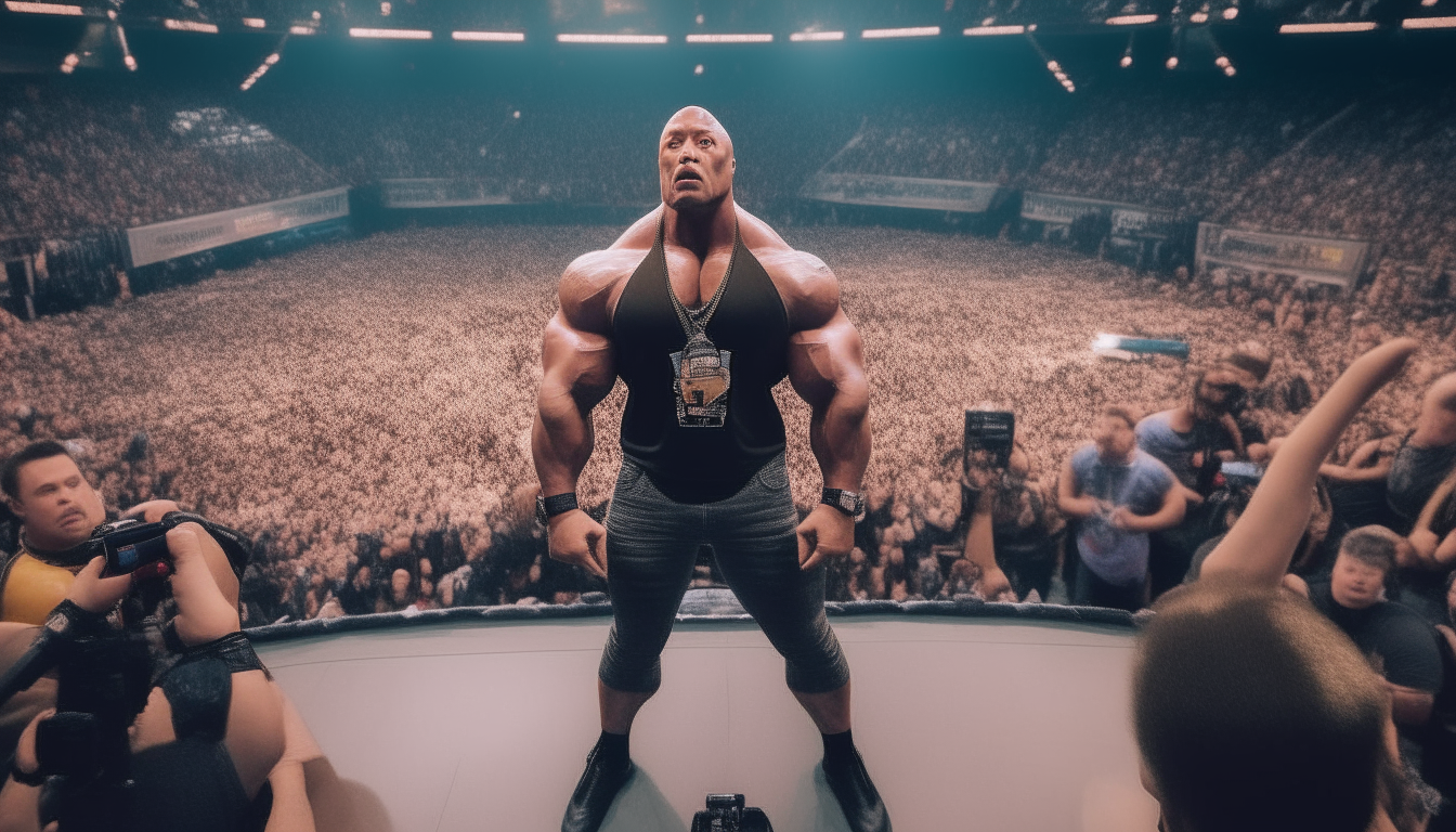 The Rock wearing wrestling gear and sneakers, standing in the middle of a crowded wrestlemania arena, shot from the front showing his full body from head to toe including shoes, 16:9 aspect ratio