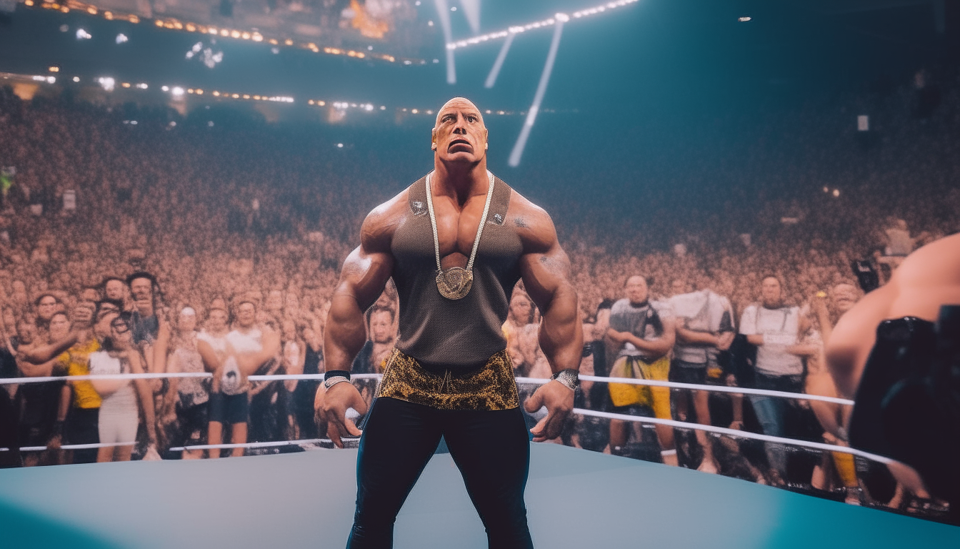 The Rock wearing wrestling gear and sneakers, standing in the middle of a crowded wrestlemania arena, shot from the left side showing his full body from head to toe including shoes, 16:9 aspect ratio