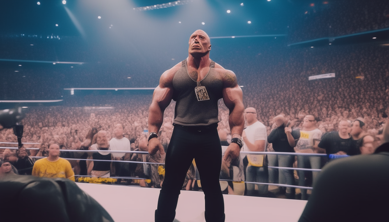 The Rock wearing wrestling gear and sneakers, standing in the middle of a crowded wrestlemania arena, shot from the right side showing his full body from head to toe including shoes, 16:9 aspect ratio