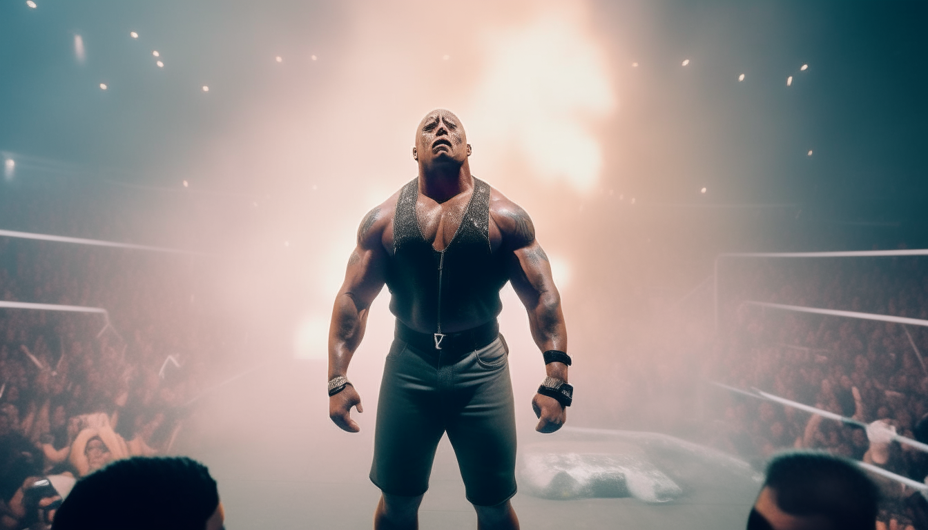 The Rock wearing wrestling gear and sneakers, standing in the middle of a crowded wrestlemania arena filled with smoke, shot from the front showing his full body from head to toe including shoes, 16:9 aspect ratio