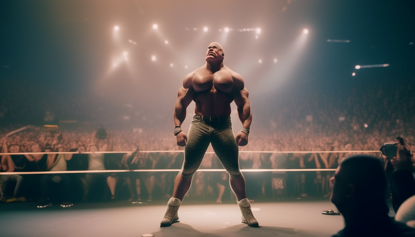 The Rock wearing wrestling gear and sneakers, standing in the middle of a spotlight in a crowded wrestlemania arena, shot from the side showing his full body from head to toe including shoes, 16:9 aspect ratio