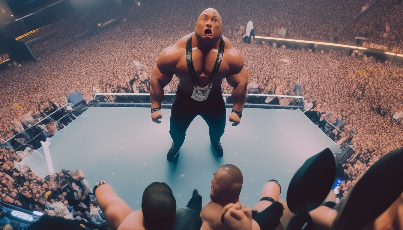 The Rock wearing wrestling gear and sneakers, standing in the middle of a crowded wrestlemania arena, shot from a high angle showing his full body from head to toe including shoes, 16:9 aspect ratio