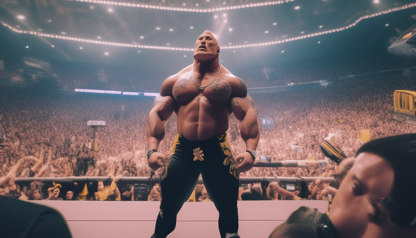 The Rock wearing wrestling gear and sneakers, standing in the middle of a crowded wrestlemania arena, shot from a low angle showing his full body from head to toe including shoes, 16:9 aspect ratio