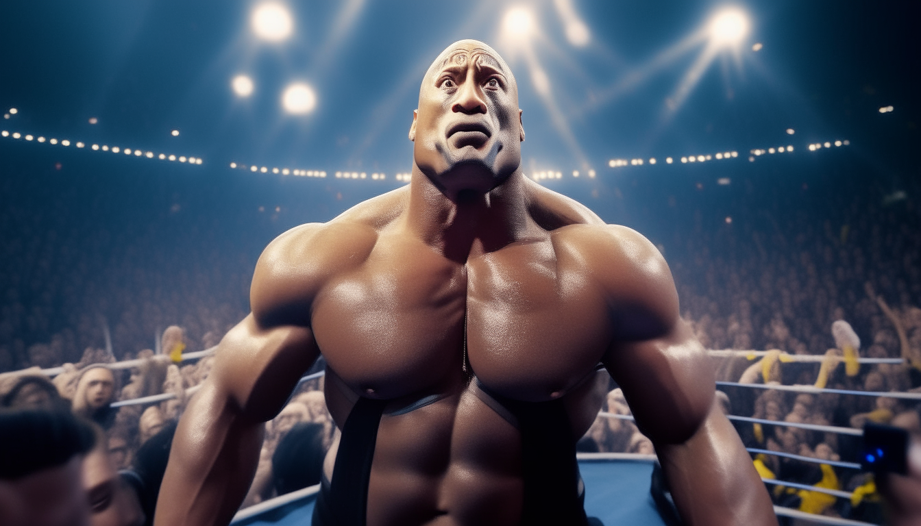 The Rock wearing wrestling gear, spotlit face in a crowded wrestlemania arena, shot from front showing his clear face and body from head to toe including shoes, 16:9