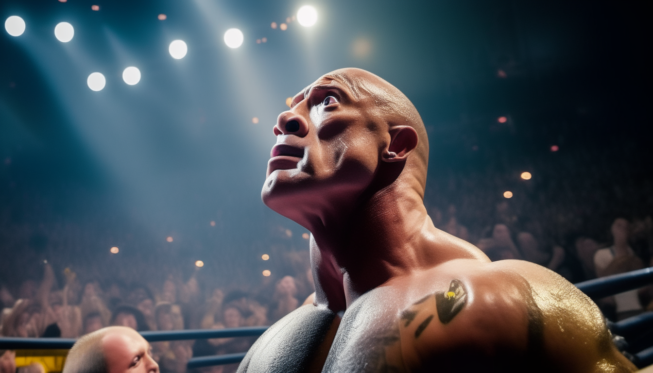 The Rock wearing wrestling gear, bright spotlit face in a crowded wrestlemania arena, shot from side showing his clear face and body from head to toe including shoes, 16:9