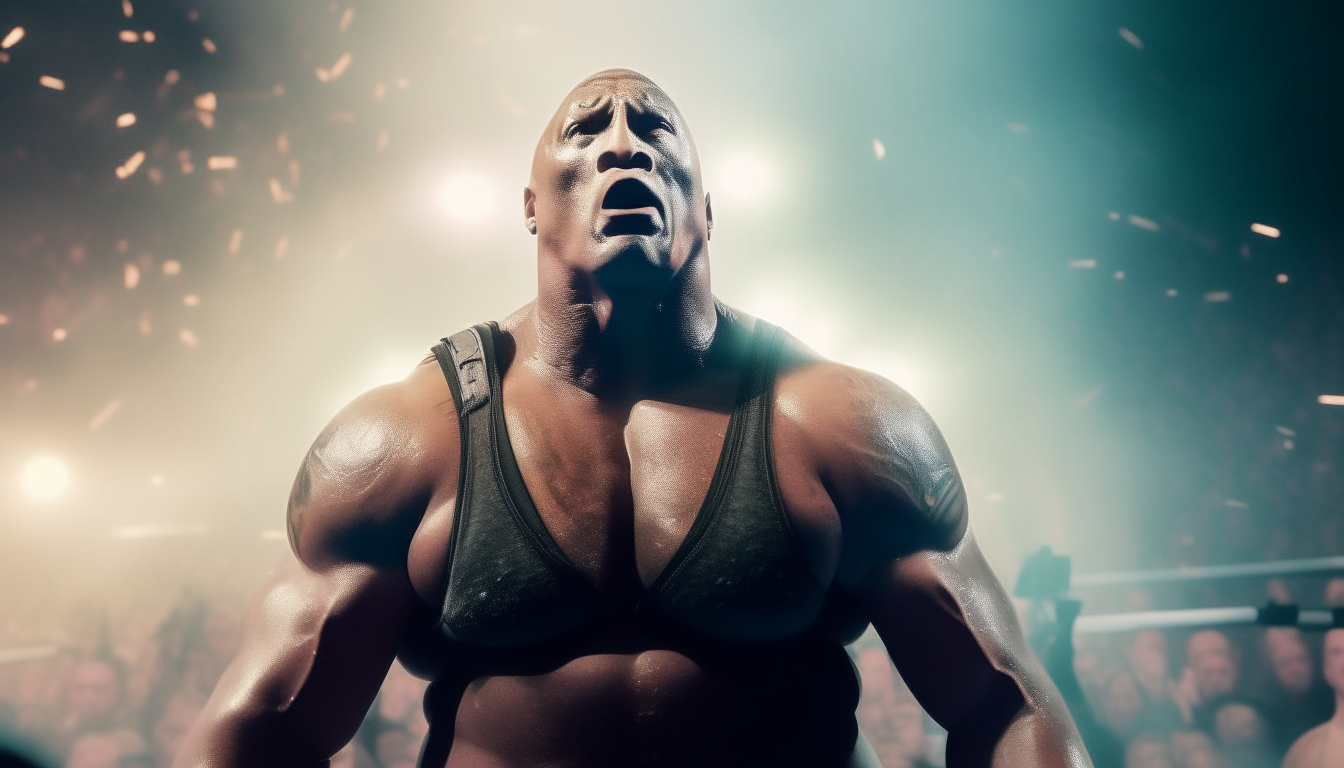 The Rock wearing wrestling gear, spotlight on his face in a crowded wrestlemania arena filled with smoke, shot from front showing his clear face and body from head to toe including shoes, 16:9