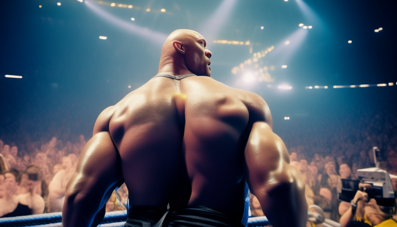 The Rock wearing wrestling gear, bright spotlight on his face in a crowded wrestlemania arena, shot from back showing his clear face and body from head to toe including shoes, 16:9