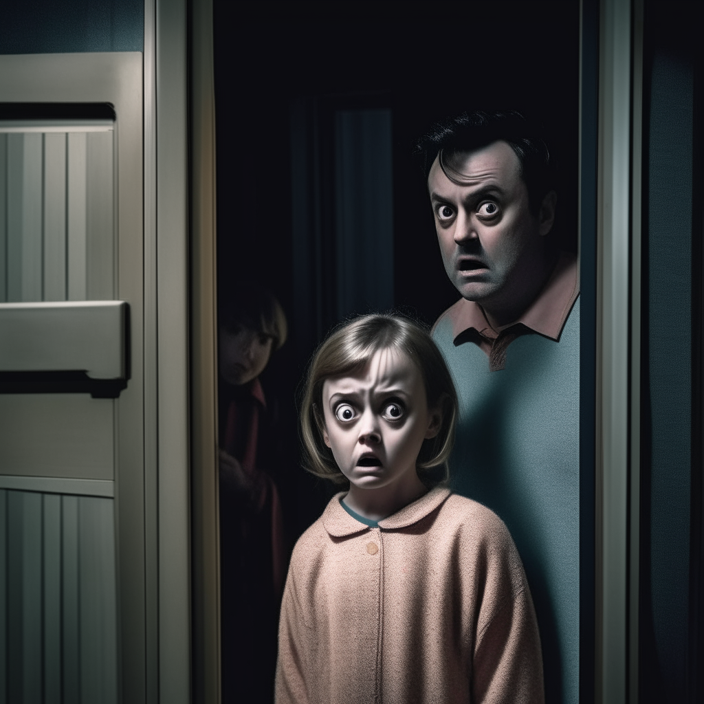 A man opening his front door to find two black-eyed children standing on his doorstep, with a shocked expression.