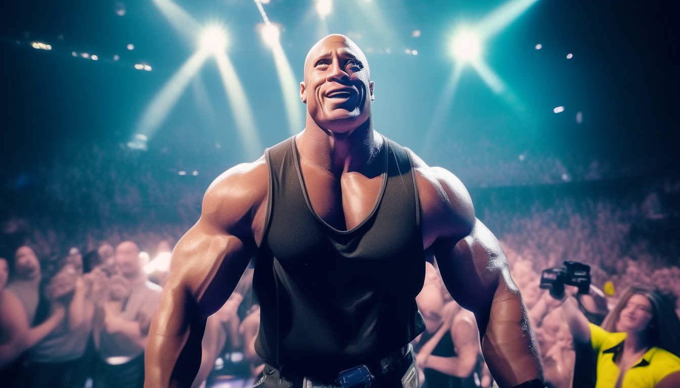 The Rock wearing wrestling gear, bright spotlight on his smiling face and sneakers in a crowded wrestlemania arena, shot from front showing his clear face and body from head to toe including shoes, 16:9