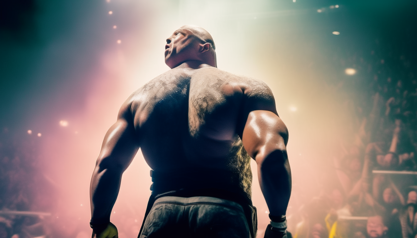 The Rock wearing wrestling gear, bright spotlight on his intense face and sneakers in a crowded wrestlemania arena filled with smoke, shot from back showing his clear face and body from head to toe including shoes, 16:9