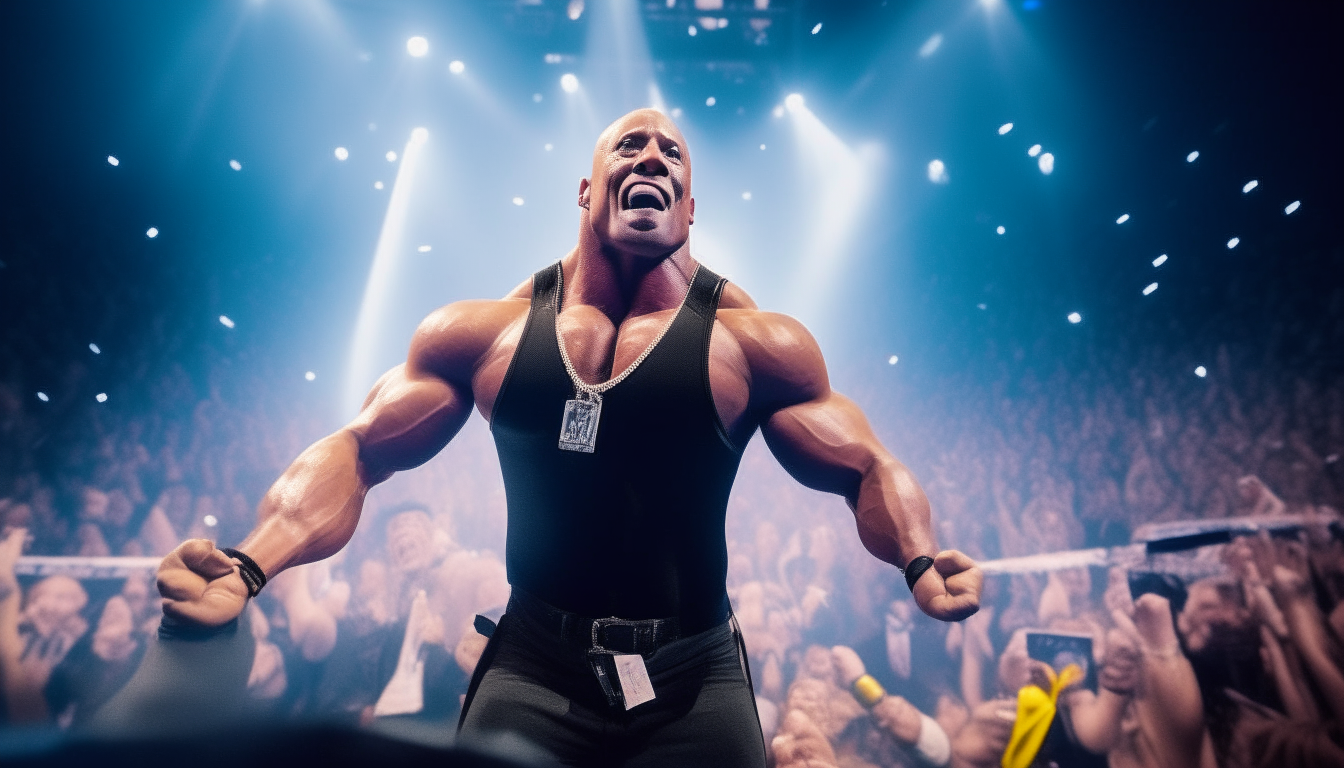 The Rock wearing wrestling gear, bright spotlight on his celebrating face and sneakers in a crowded wrestlemania arena, shot from front showing his clear happy face and body from head to toe including shoes, 16:9