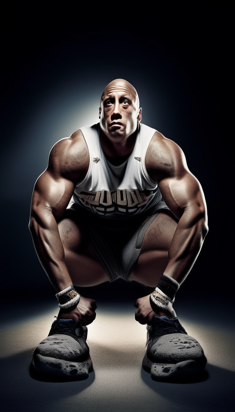 The Rock wearing wrestling gear, spotlight on his intense face and sneakers, shot from below showing entire body from head to toe including shoes, 9:16 vertical