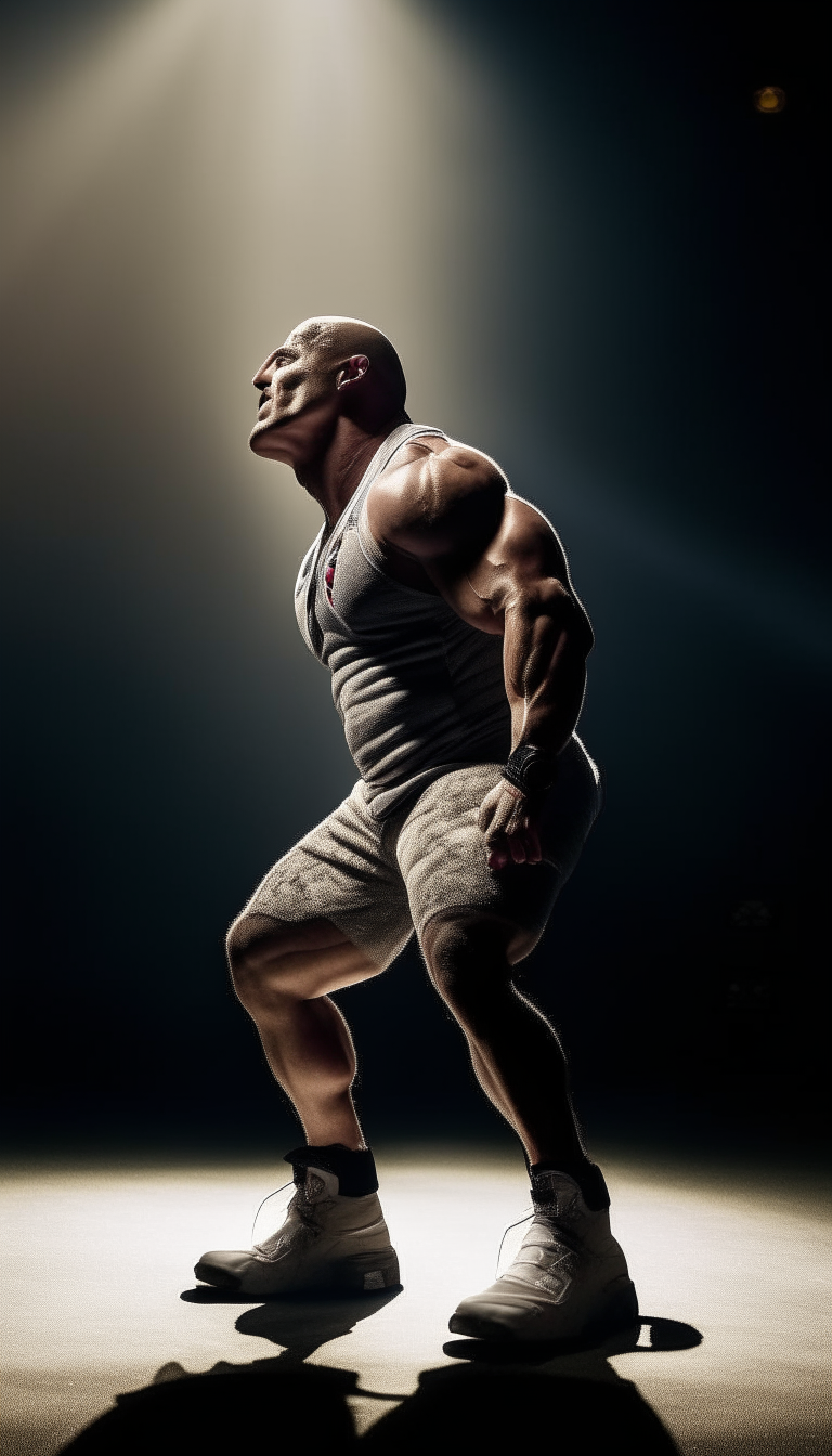 The Rock wearing wrestling gear, bright spotlight on his celebrating face and sneakers, shot from side showing entire body from head to toe including shoes, 9:16 vertical