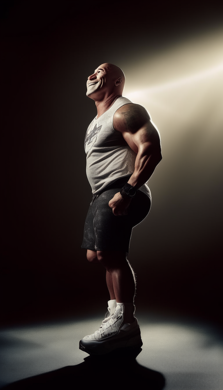 The Rock wearing wrestling gear, bright spotlight on his smiling face and sneakers, shot from back showing entire body from head to toe including shoes, 9:16 vertical