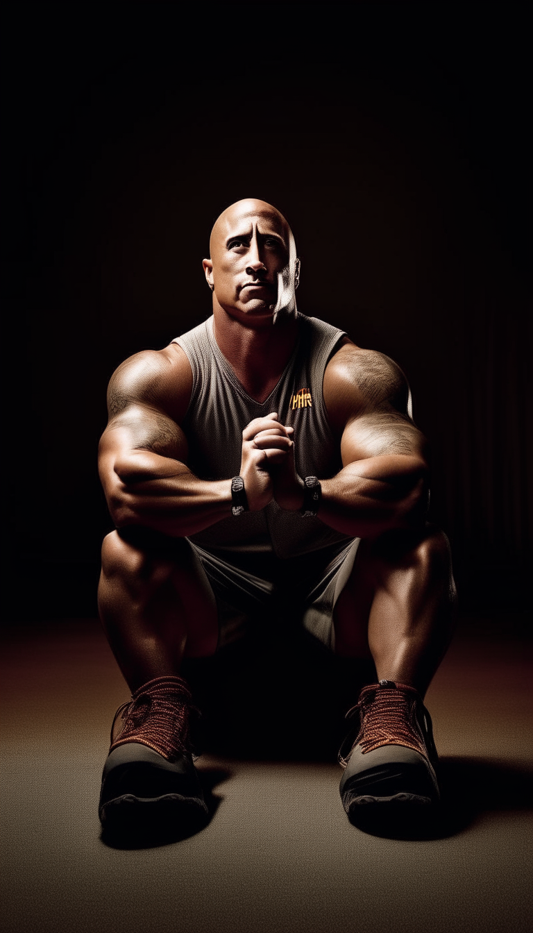 The Rock sitting upright wearing wrestling gear, bright spotlight on his celebrating face and sneakers, shot from front showing entire body from head to toe including shoes, 9:16 vertical