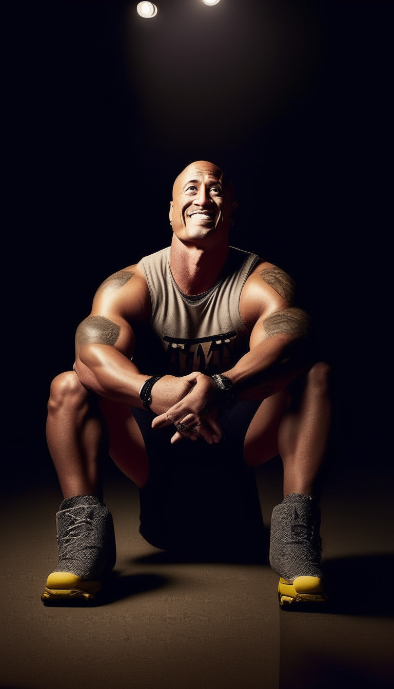The Rock sitting upright wearing wrestling gear, bright spotlight on his smiling face and sneakers, shot from back showing entire body from head to toe including shoes, 9:16 vertical