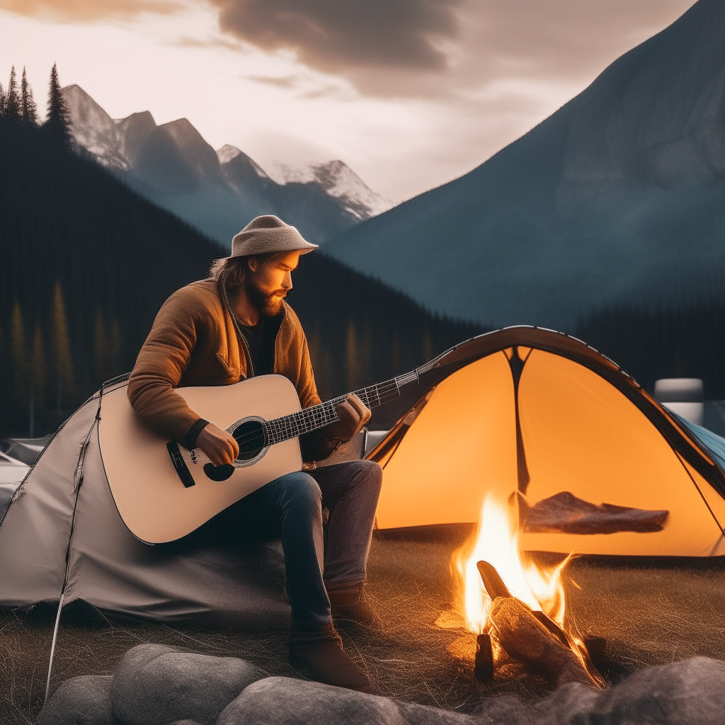 a man with a guitar by the fire, a tent, in the background of the mountain