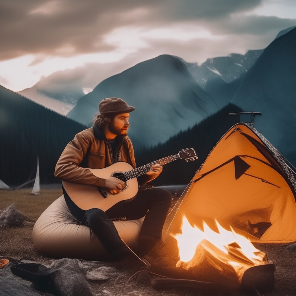 a man with a guitar by the fire, a tent, in the background of the mountain