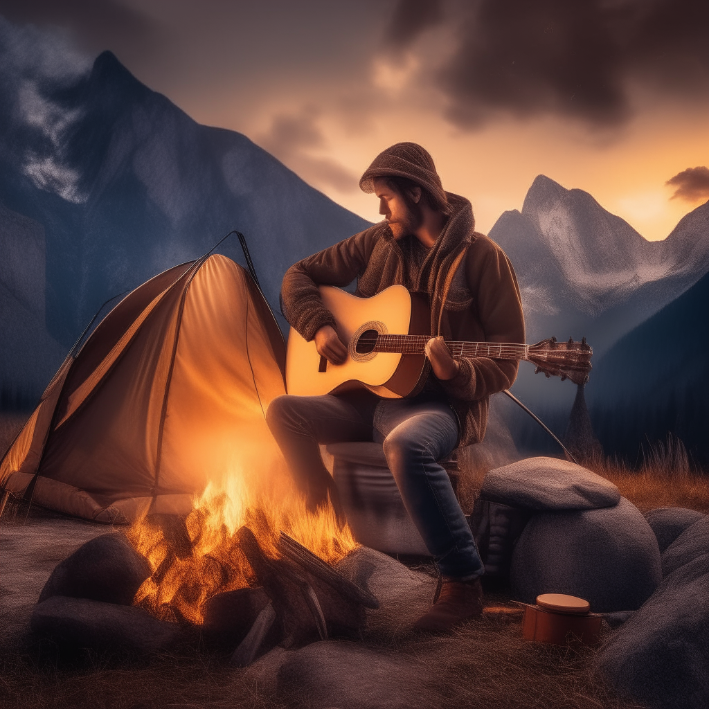 a man with a guitar by the fire, a tent, in the background of a mountain, a very realistic image in high resolution