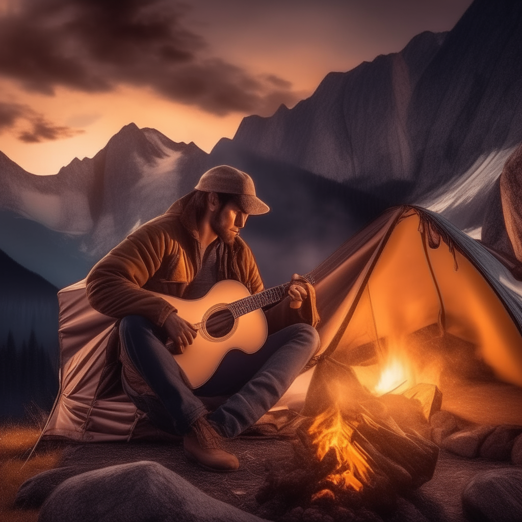 a man with a guitar by the fire, a tent, in the background of a mountain, a very realistic image in high resolution