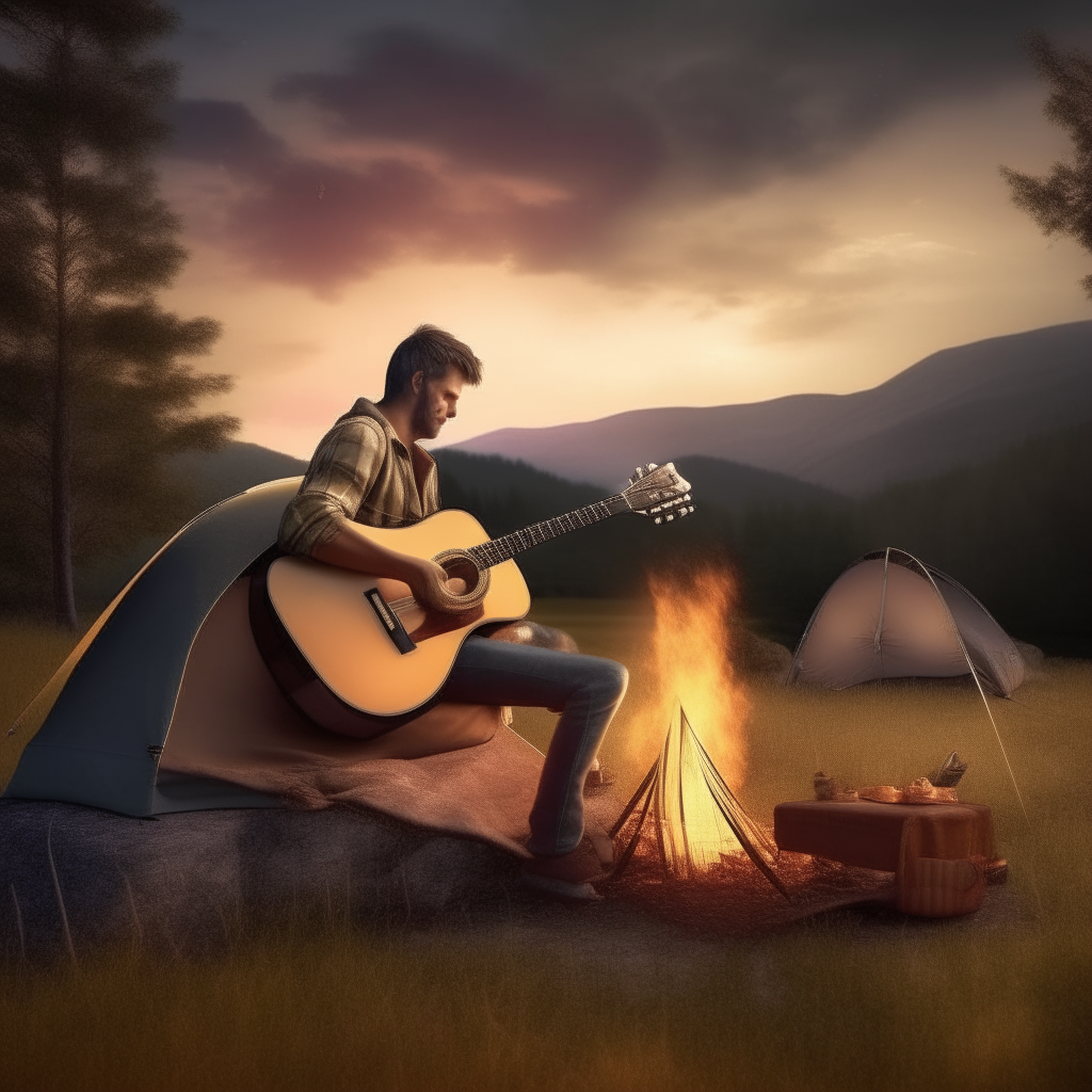 man with a guitar by the fire, tent, trees, meadow and hills in the background. very realistic display in high resolution