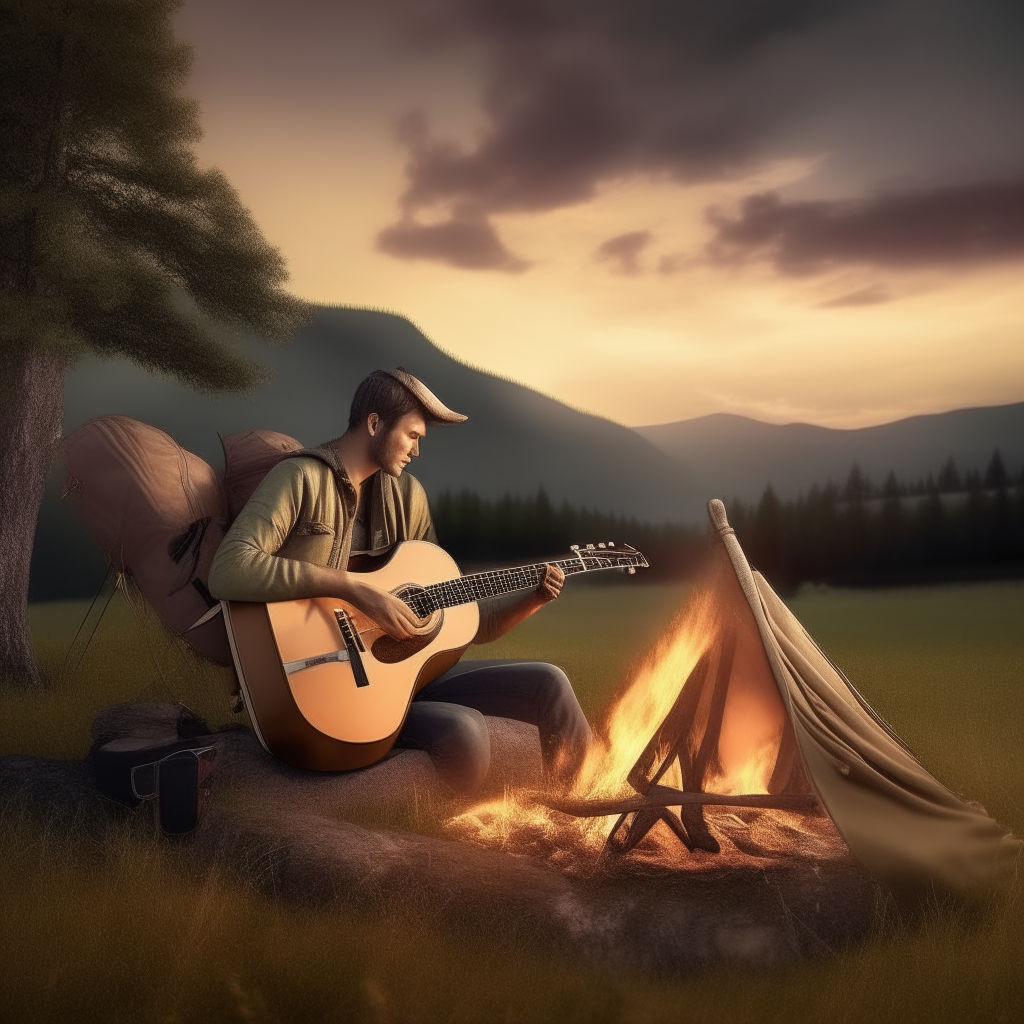 man with a guitar by the fire, tent, trees, meadow and hills in the background. very realistic display in high resolution