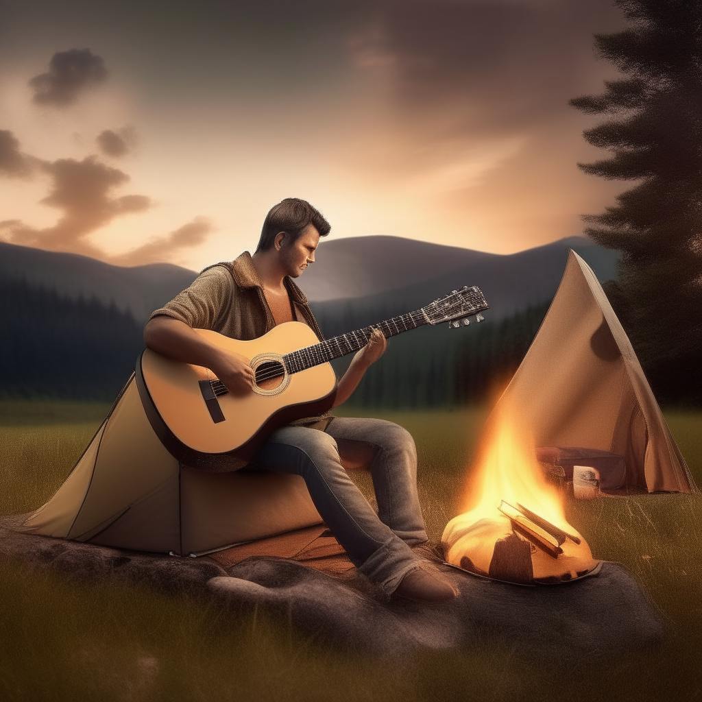 man with a guitar by the fire, tent, trees, meadow and hills in the background. very realistic display in high resolution