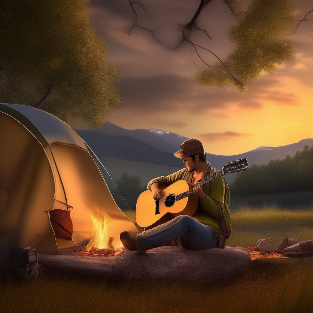 a man with a guitar by the fire, in the background a tent, trees, a meadow and hills. very realistic display in high resolution