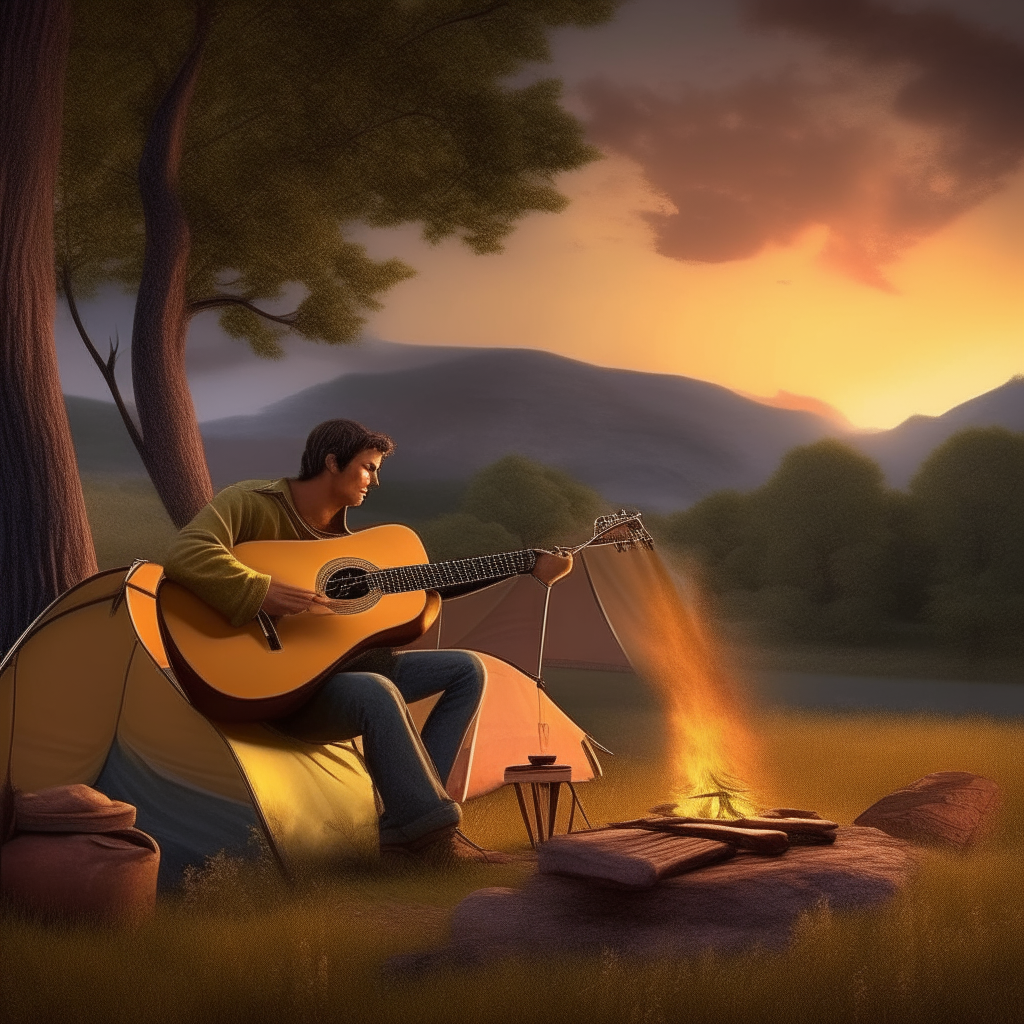 a man with a guitar by the fire, in the background a tent, trees, a meadow and hills. very realistic display in high resolution