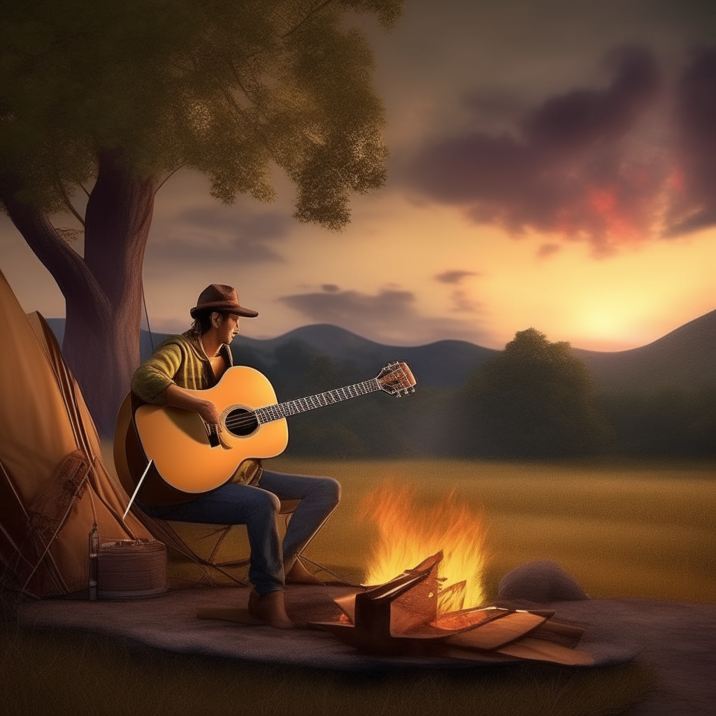 a man with a guitar by the fire, in the background a tent, trees, a meadow and hills. very realistic display in high resolution