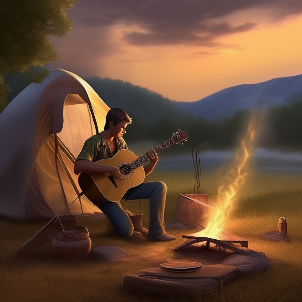 a man with a small guitar by the fire, in the background a tent, trees, a meadow and hills. very realistic display in high resolution