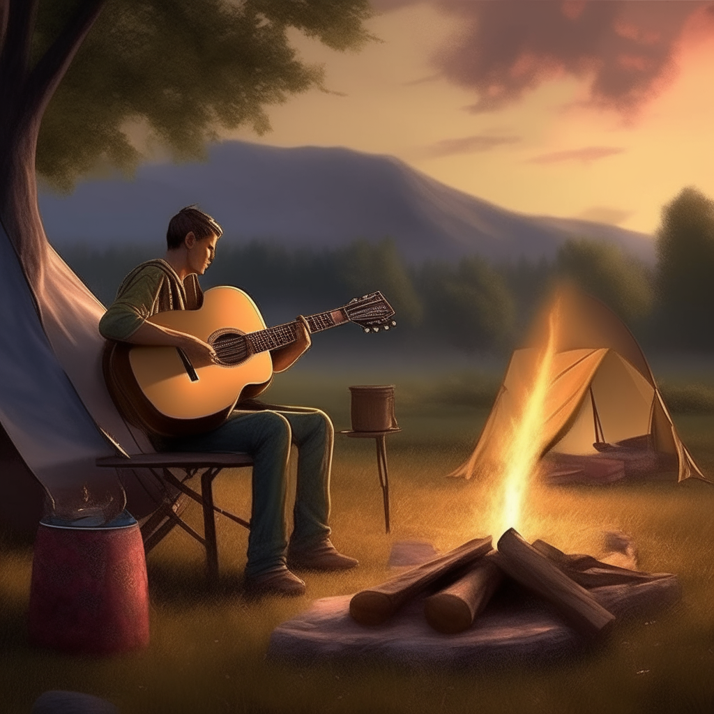 a man with a small guitar by the fire, in the background a tent, trees, a meadow and hills. very realistic display in high resolution