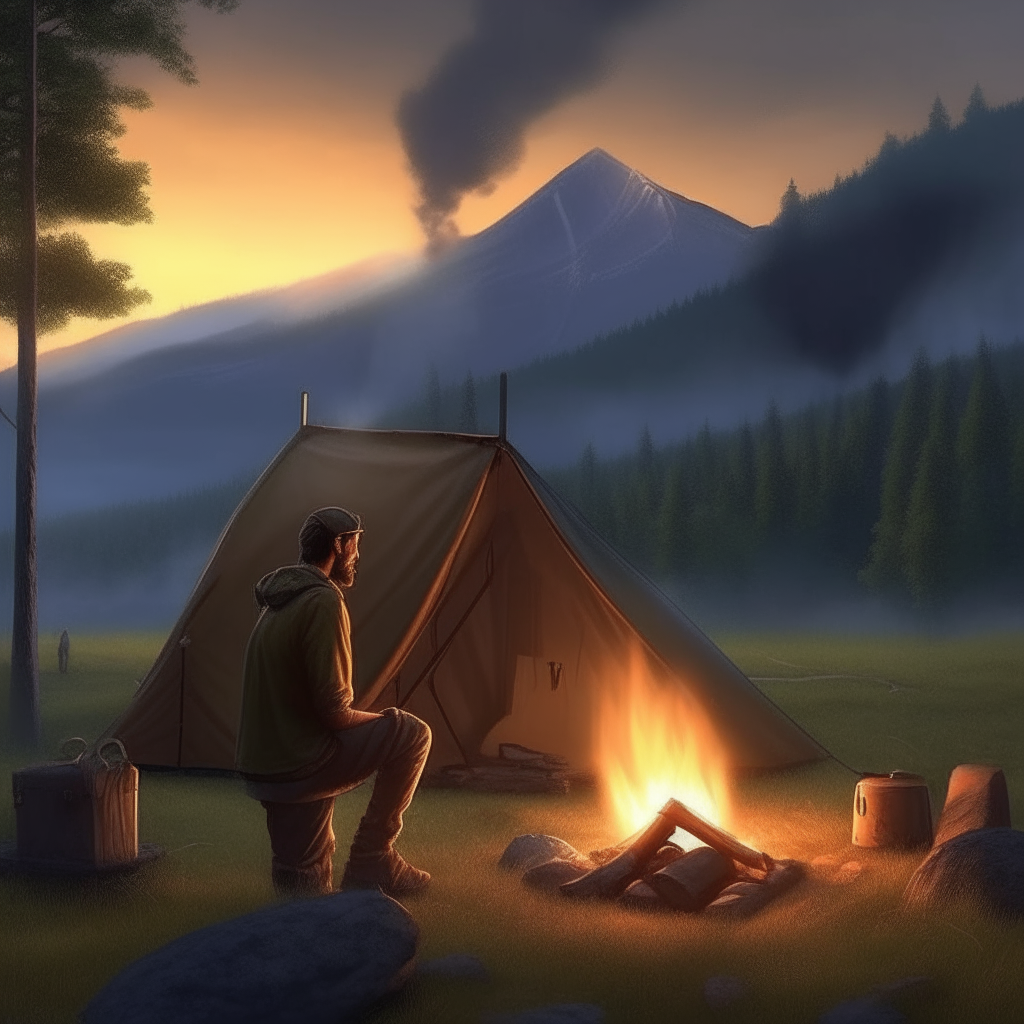 man by the fire, in the background a tent, trees, meadow and hills. very realistic display in high resolution