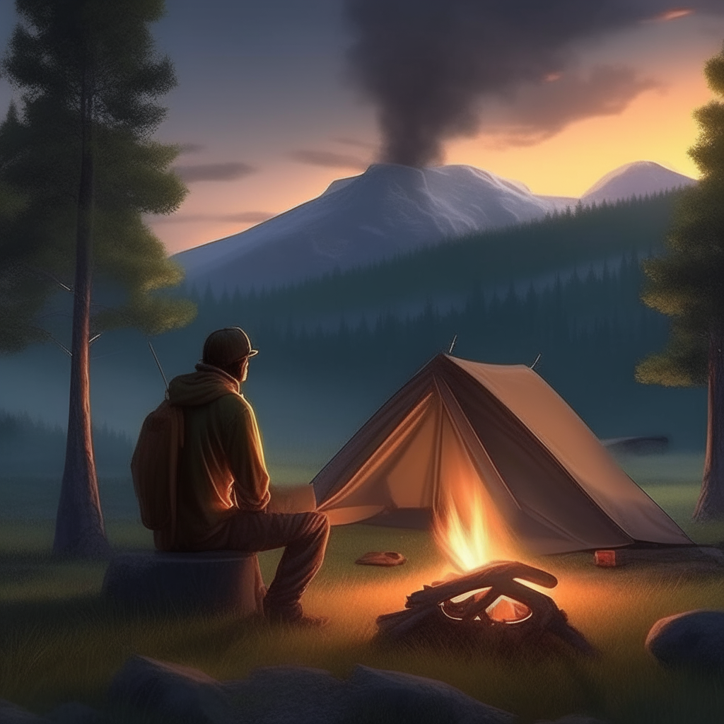 man by the fire, in the background a tent, trees, meadow and hills. very realistic display in high resolution