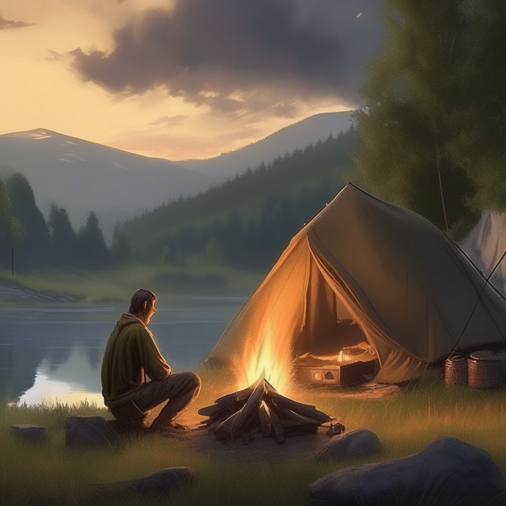 man by the fire, in the background a tent, trees, meadow, river and hills. very realistic display of details in high resolution